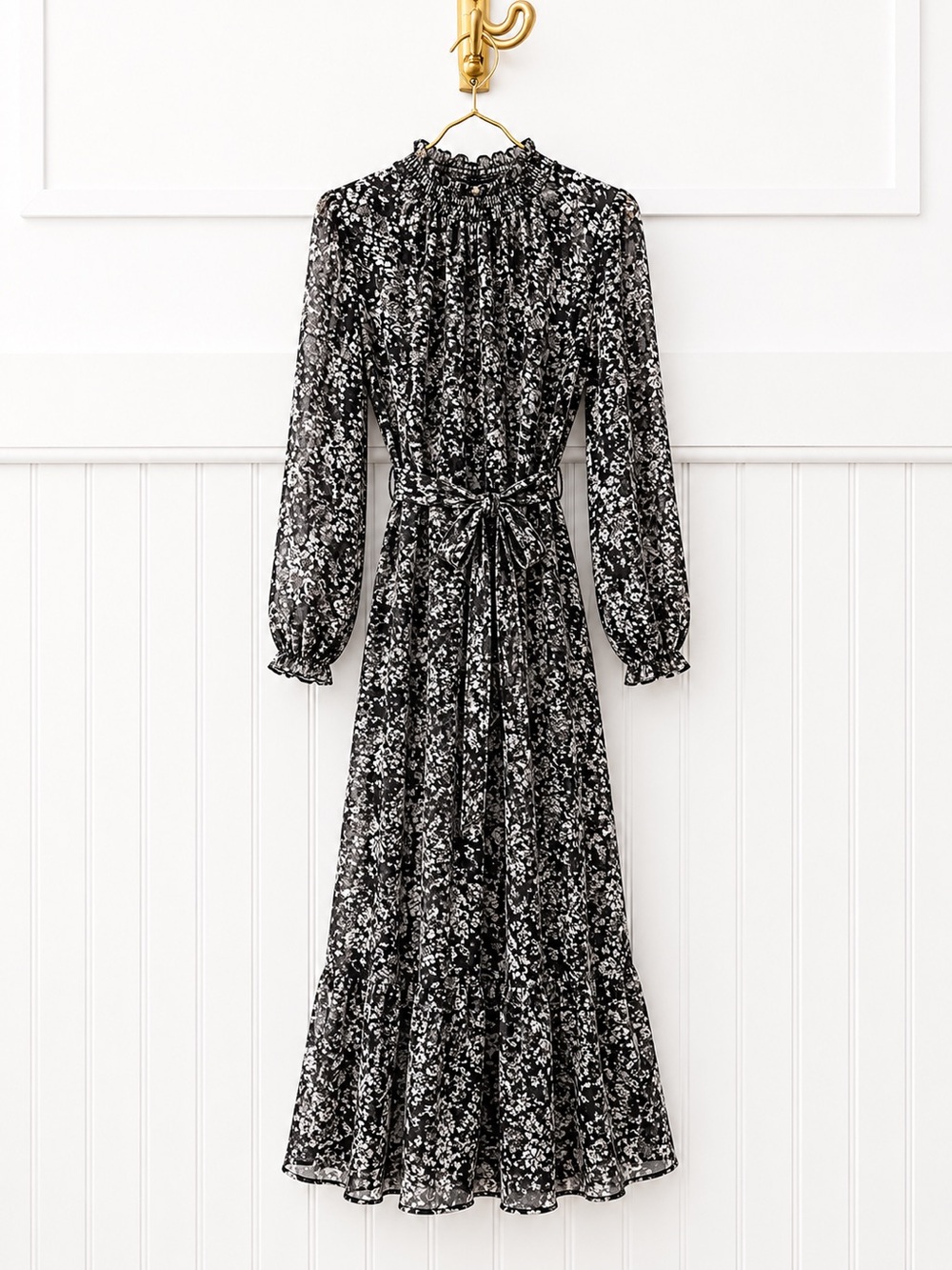 Banana Republic Black and White Floral Long Sleeve Maxi Dress